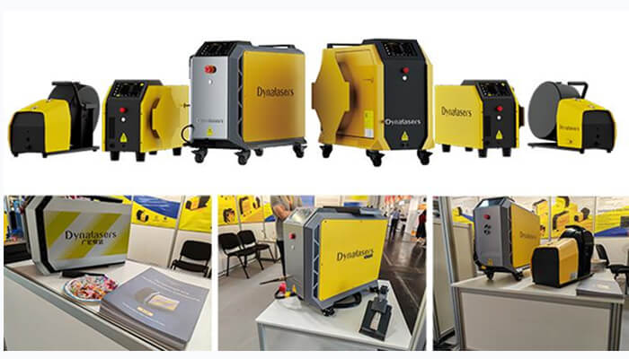 Dynalasers | tycoonstory media Various laser welding machines by dynalasers displayed at a trade show, showcasing advanced technology for industrial applications in welding.