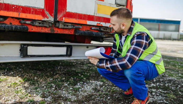 Evidence collection and preservation | tycoonstory media A truck driver inspecting a commercial vehicle as part of an inspection process, which is critical in truck accident claims to determine liability and the cause of the incident.