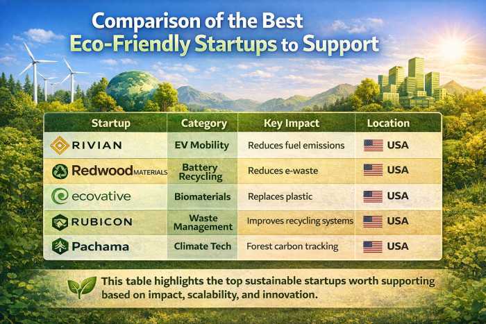Comparison of the best eco-friendly startups to support in 2026 | tycoonstory media Comparison chart of the best eco-friendly startups to support in 2026, featuring rivian, redwood materials, ecovative, rubicon, and pachama with their sustainability impact and categories.