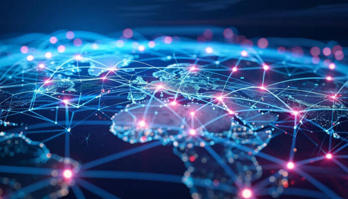 Global server network | tycoonstory media Global network connections visualized with glowing points and lines, representing the flow of data across continents. Vpns help secure and optimize this digital communication by creating private connections