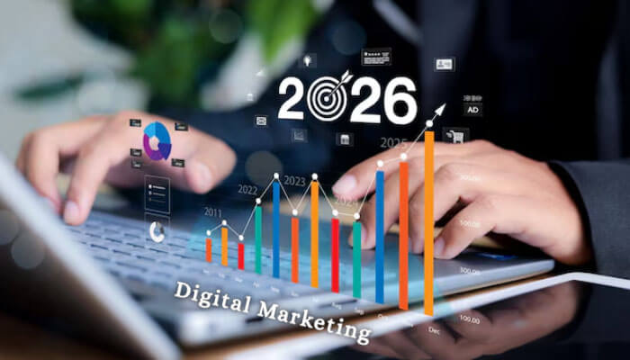 Is digital marketing legit - tycoonstory | tycoonstory media Image showing a person using a laptop with digital marketing analytics and trends projected for 2026. The image includes bar graphs and icons representing digital growth, with the text'Digital Marketing' prominently displayed, symbolizing the legitimacy and future of digital marketing.
