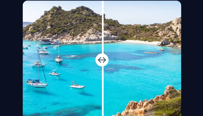 How do ai tools remove objects so cleanly | tycoonstory media A comparison of a pristine beach before and after editing, showcasing how ai tools can cleanly remove distractions like boats or power lines from nature photography.