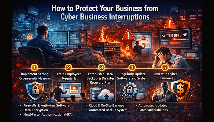 Cyber business interruptions Infographic on how to protect your business from cyber business interruption with key strategies such as strong cybersecurity, data backups, employee training, and insurance.