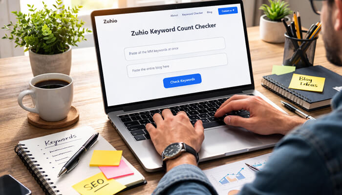 How to use the zuhio keyword count checker | tycoonstory media Content writer working on laptop using zuhio keyword count checker with notebook, coffee, and sticky notes on desk
