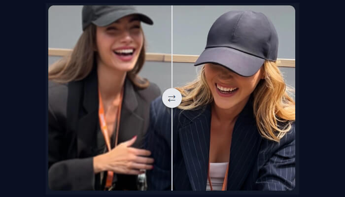 Imgupscaler | tycoonstory media Comparison of two individuals laughing, both wearing black caps, highlighting the difference between imgupscaler vs gigapixel a for image enhancement tools.