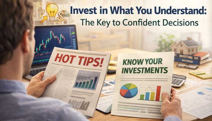 Invest in what you understand the key to confident decisions - tycoonstory | tycoonstory media Investment hacks discommercified: invest in what you understand: the key to confident decisions – a person holding two newspapers labeled "hot tips! " and "know your investments," sitting at a desk with financial charts, a laptop displaying stock data, and investment-related documents around them