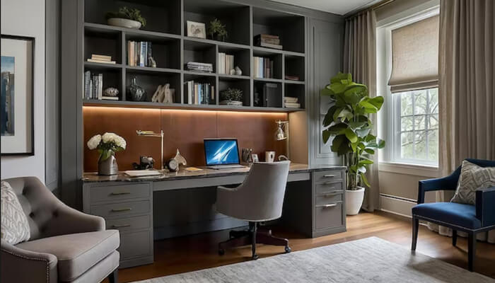 Keep your desk clear and intentional | tycoonstory media A well-organized, modern home office with a clean desk and comfortable seating. This space is a perfect example of how to design a home office that promotes productivity and focus.