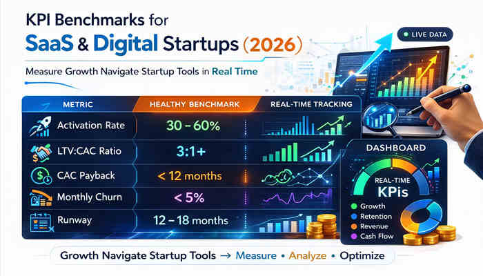 Kpi benchmarks for saas digital startups | tycoonstory media Growth navigate startup tools display kpi benchmarks for saas & digital startups in 2026, including metrics like activation rate, ltv:cac ratio, and monthly churn.