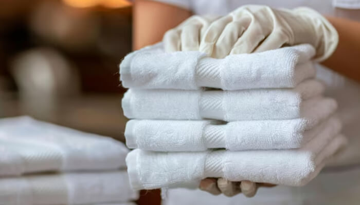 Oasis towels | tycoonstory media A person wearing gloves carefully stacking a pile of fresh, white towels. The image reflects the quality and attention to detail that premium towel suppliers offer in their products.