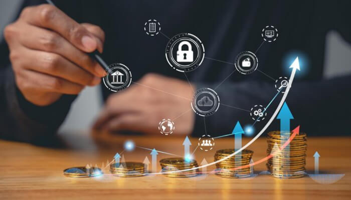 Protect revenue | tycoonstory media Smart contract audits in the digital finance space, represented by a person analyzing data trends and secure transactions with coins and technology icons, symbolizing growth and security.