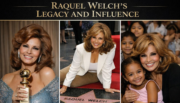 Raquel welchs legacy and influence - tycoonstory media | tycoonstory media Raquel welch receiving a golden globe, posing at her star on the hollywood walk of fame, and sharing a moment with a young fan, representing her lasting legacy and influence. The image is accompanied by the text raquel welch’s legacy and influence