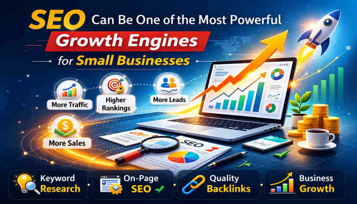 Seo can be one of the most powerful growth engines for small businesses | tycoonstory media Seo growth engine for small businesses illustration showing rising analytics charts, keyword research, on-page seo, quality backlinks, higher rankings, more traffic, and increased sales.