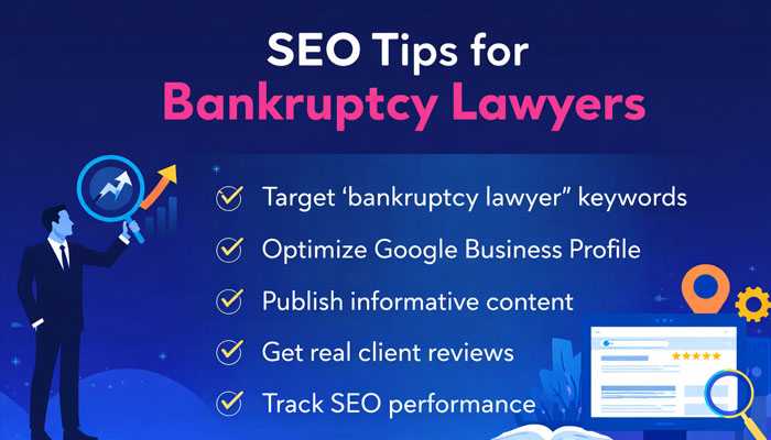 Seo tips for bankruptcy lawyers | tycoonstory media Seo tips for bankruptcy lawyers, featuring a digital design with key seo strategies including targeting keywords, optimizing google business profile, and tracking seo performance, set against a dynamic blue gradient.