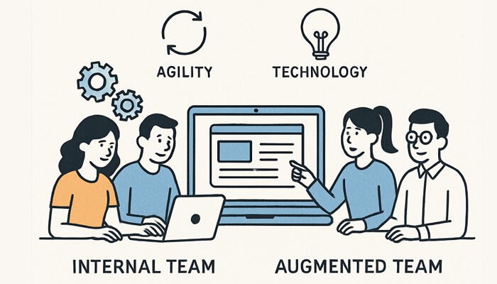 Staff augmentation drives business agility | tycoonstory media Illustration showing a team working with technology, highlighting the concepts of staff augmentation, agility, and internal vs augmented teams, emphasizing how staff augmentation drives business agility.