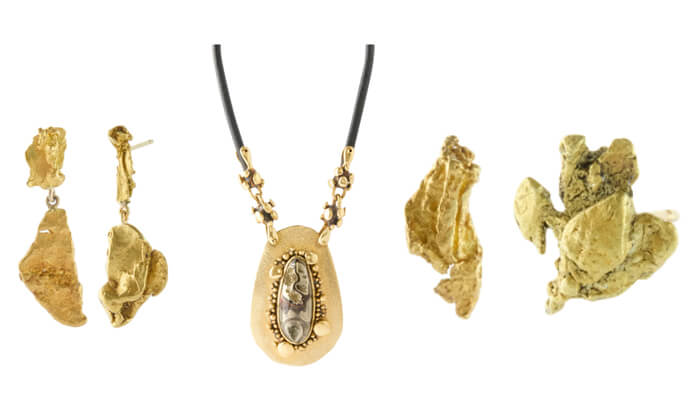 Statement jewelry instead of minimalism | tycoonstory media Lisa eisner jewelry collection featuring sculptural gold earrings, a pendant necklace, and organic textured statement pieces displayed on a clean background.