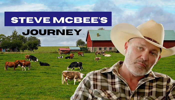 Steve mcbees journey - tycoonstory | tycoonstory media Steve mcbee's Journey banner with a photo of Steve McBee against a farm backdrop, showing cows grazing.