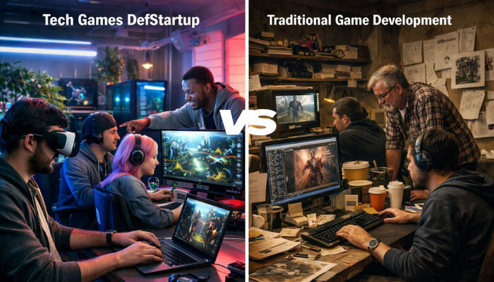 Tech games defstartup - tycoonstory | tycoonstory media Comparison of a modern, dynamic tech games defstartup environment, where a team works collaboratively with vr and high-tech equipment, versus the traditional game development setting, filled with papers, coffee cups, and older tech, highlighting the contrast in workspaces and workflows.