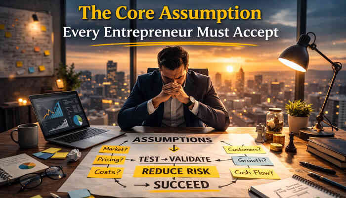 The core assumption every entrepreneur must accept | tycoonstory media Entrepreneur sitting at a desk surrounded by business tools and charts, contemplating the core assumptions necessary for starting a business, including market, pricing, and customer considerations, with a focus on reducing risk and ensuring success.