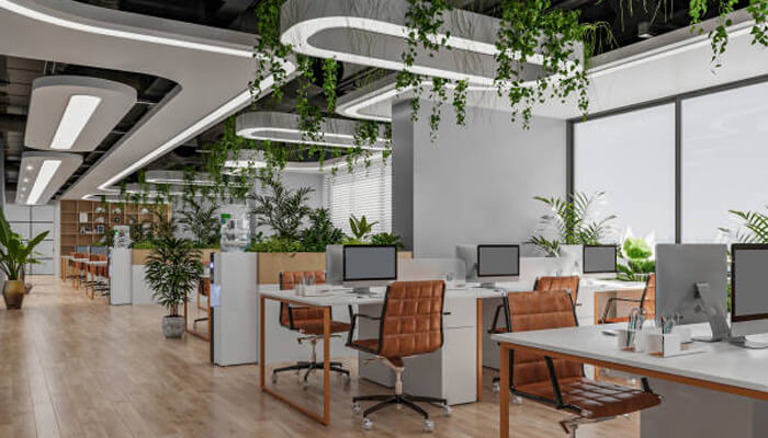 The role of natural elements in office environments | tycoonstory media A modern office space with plenty of plants, designed to enhance startup productivity and employee creativity. The natural elements contribute to a calming and inspiring work environment.
