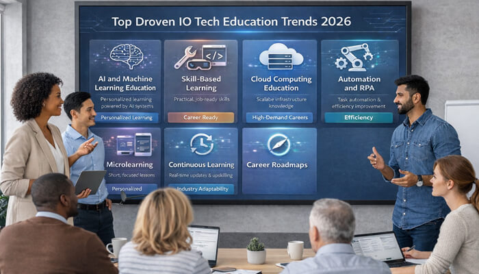 Top droven io tech education trends in 2026 | tycoonstory media Business team reviewing a large digital screen highlighting top droven io tech education trends 2026, including ai, skill-based learning, cloud computing, and automation.