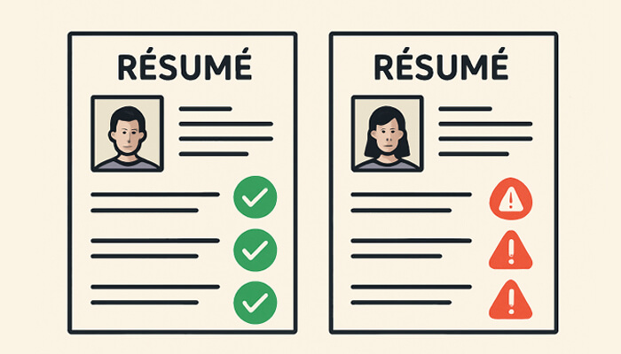 Understanding job applicant fraud | tycoonstory media Two résumés are shown side by side, one with a green checkmark indicating a strong application, and the other with red warning signs, suggesting job applicant fraud.