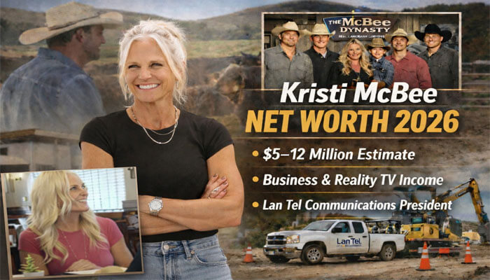 What is kristi mcbee net worth - tycoonstory | tycoonstory media Kristi mcbee smiling outdoors with graphic showing “kristi mcbee net worth 2026” and highlights of her business and reality tv career.