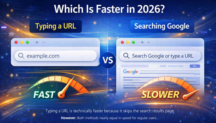 Which is faster in 2026? Typing a url vs searching google speed comparison | tycoonstory media Which is faster in 2026 typing a url vs searching google comparison showing speed difference between direct url entry and search engine results page navigation