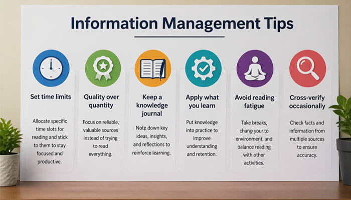 Information management tips - tycoonstory | tycoonstory media Stay always updated with txepc site: visual representation of information management tips, highlighting strategies like setting time limits, focusing on quality over quantity, and keeping a knowledge journal, ensuring organized and effective information intake.