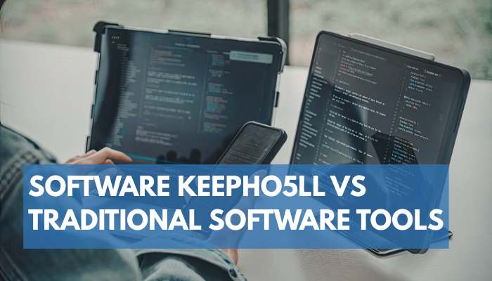 Business use cases of foxtpax software 1 | tycoonstory media Two laptops on a desk showing code on their screens, with a blue banner overlaid that reads the comparison title 'software keeph05ll vs traditional software tools'.