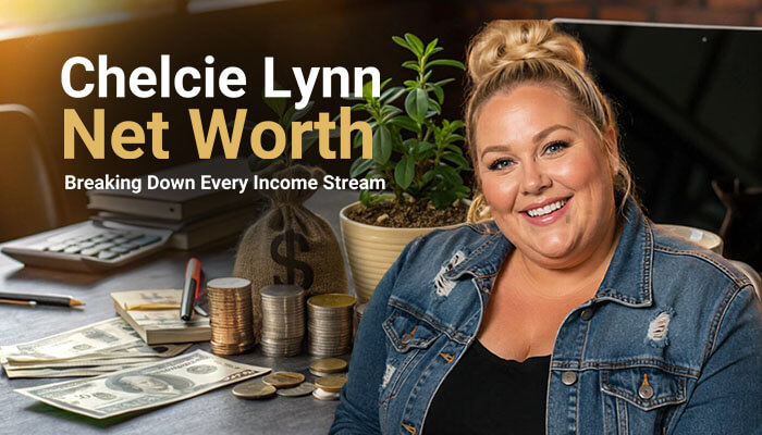 Chelcie lynn net worth: breaking down every income stream - tycoonstory | tycoonstory media Chelcie lynn net worth graphic showing chelcie lynn smiling beside piles of cash, coins, and income visuals, illustrating a breakdown of her revenue streams and financial success.