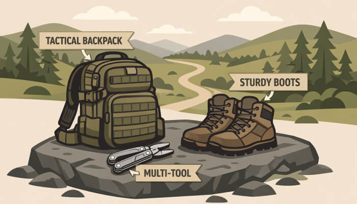 Essential tactical gear for outdoor adventures | tycoonstory media Illustration of tactical gear, including a backpack, multi-tool, and sturdy boots, ideal for outdoor adventures or emergency preparedness.