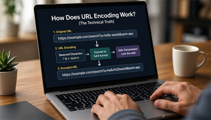 How does url encoding work? (the technical truth) - tycoonstory | tycoonstory media Url encoder and decoder uploadarticle. Com guide showing percent-encoding process with %20 conversion and utf-8 url structure on laptop screen
