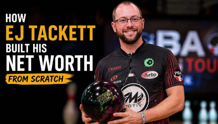 How ej tackett built his net worth from scratch - tycoonstory | tycoonstory media Ej tackett net worth journey visual showing pba champion ej tackett holding a bowling ball, emphasizing how he built wealth from scratch through 27+ pba tour titles, major championship wins, player of the year awards, and consistent earnings from sponsorships, endorsements, and professional bowling success