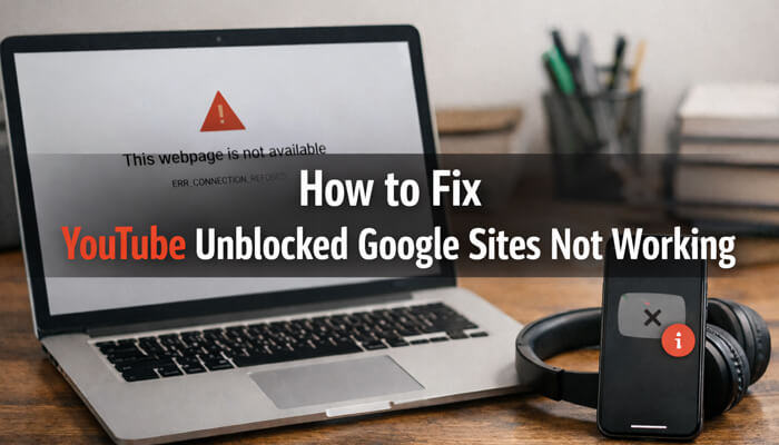 How to fix youtube unblocked google sites not working | tycoonstory media Error screen showing youtube unblocked google sites not working on a laptop and mobile device.