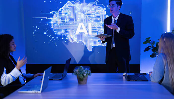 Integration of artificial intelligence | tycoonstory media A business presentation with an ai concept displayed, reflecting how smart workspace trends are integrating advanced technologies into workplace discussions.