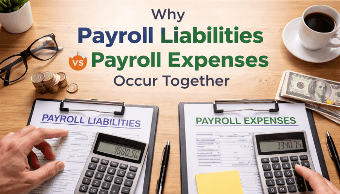 Payroll liabilities vs payroll expenses - tycoonstory | tycoonstory media An image explaining why payroll liabilities vs payroll expenses occur together. The image shows two calculators, one for payroll liabilities and the other for payroll expenses, with a cup of coffee and currency on a wooden desk.