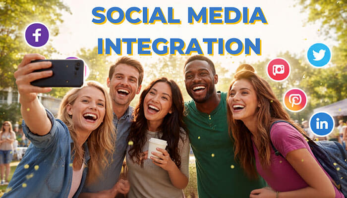 Social media integration - tycoonstory | tycoonstory media In touch letsbuildup. Org leverages social media integration to enhance community engagement and networking in 2026. This image showcases a diverse group of people taking a selfie, surrounded by social media icons like facebook, twitter, instagram, pinterest, and linkedin, reflecting the platform's commitment to seamless digital connections and interactions.