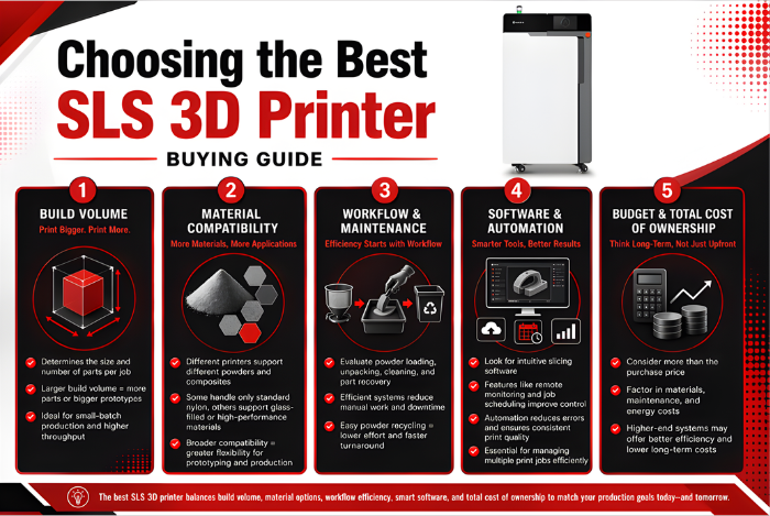 Buying guide—choosing the best sls 3d printer | tycoonstory media Infographic titled choosing the best sls 3d printer buying guide showing five steps and a printer illustration.