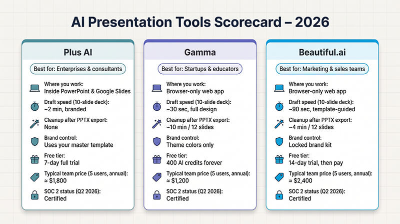 1 | tycoonstory media Ai presentation tools scorecard 2026 comparing plus ai, gamma, and beautiful. Ai with best-use categories and key features for each tool from the image obvious layout.