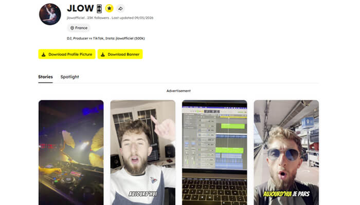 2 5 | tycoonstory media Instagram profile header for jlow showing round avatar, bio (dj/producer), location france, and four vertical story thumbnails beneath.