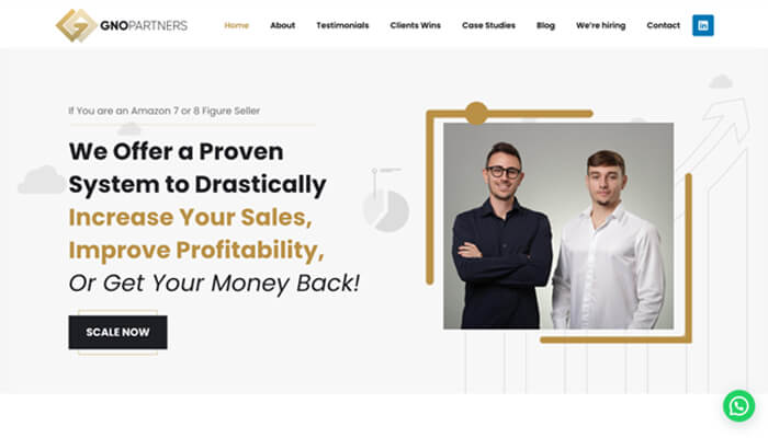 2 6 | tycoonstory media Marketing hero banner with two men standing beside a framed photo, alongside a bold headline about increasing sales and profitability and a 'scale now' button.