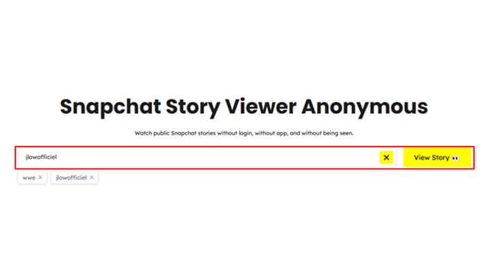 3 2 | tycoonstory media Web page header says 'snapchat story viewer anonymous' with a search bar and a yellow 'view story' button, simulating a public snapchat story viewer.