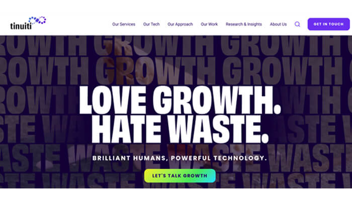3 3 | tycoonstory media Hero banner with bold 'love growth. Hate waste. ' text, a subtitle 'brilliant humans, powerful technology. ', and a cyan-green 'let's talk growth' button on a dark patterned background.
