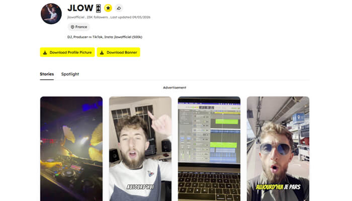 4 2 | tycoonstory media Profile header for jlow with avatar and follower info, featuring four vertical story thumbnails (club dj, selfie, laptop screen, and another selfie).