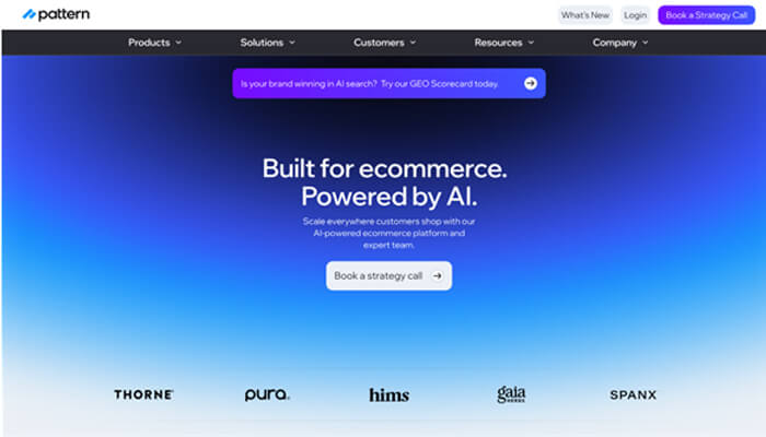 4 3 | tycoonstory media Hero section: bold white text on blue gradient banner reading "built for ecommerce. Powered by ai. " with a call-to-action button to book a strategy call.