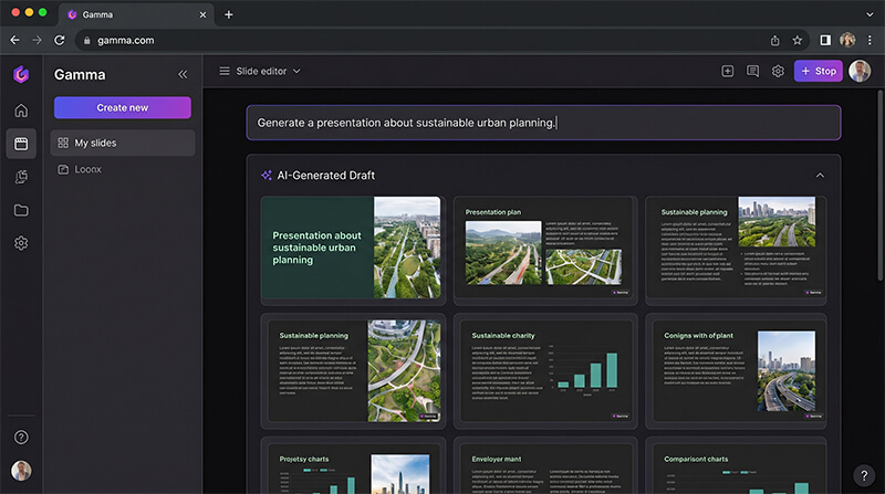 5 | tycoonstory media Screenshot of a dark ui showing slide editor with ai-generated draft slides about sustainable urban planning.
