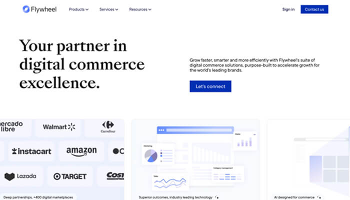 5 2 | tycoonstory media Hero section: tagline 'your partner in digital commerce excellence' with a 'let's connect' button and partner logos strip below.