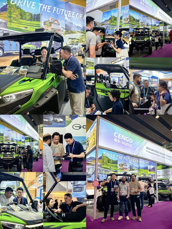 6 top golf cart manufacturers | tycoonstory media Trade show booth featuring a bright green off-road vehicle with attendees and exhibitors discussing nearby banners reading'Drive the Future of Mobility'.