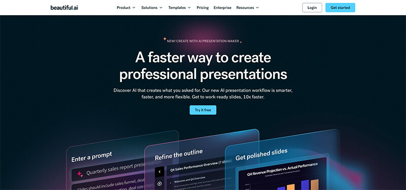 6 | tycoonstory media Hero banner for beautiful. Ai with the headline 'a faster way to create professional presentations' over a dark gradient and three overlapping blue dashboard screens in the foreground