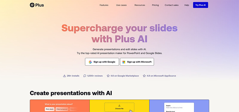 7 | tycoonstory media Hero banner for plus ai: gradient background with title 'supercharge your slides with plus ai' and sign-up options with google and microsoft buttons; navigation bar above and feature tips below.